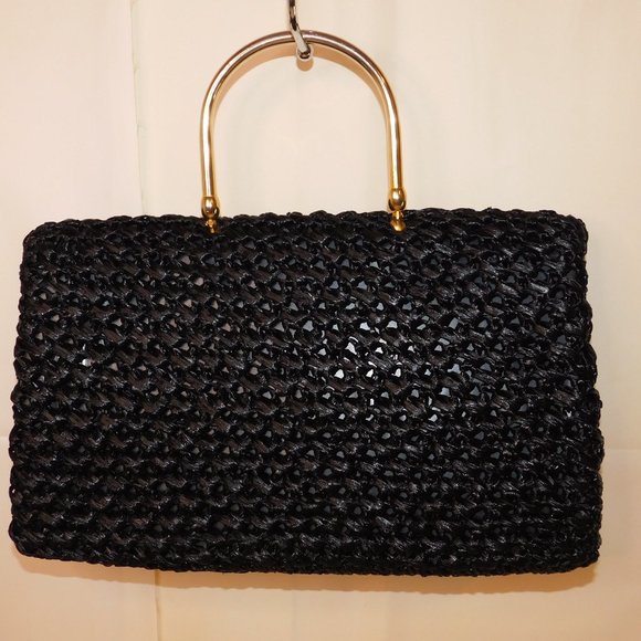 Made In Italy Woven Black Handbag 100% Visca With Gold Tone Handle Vintage - Picture 4 of 12